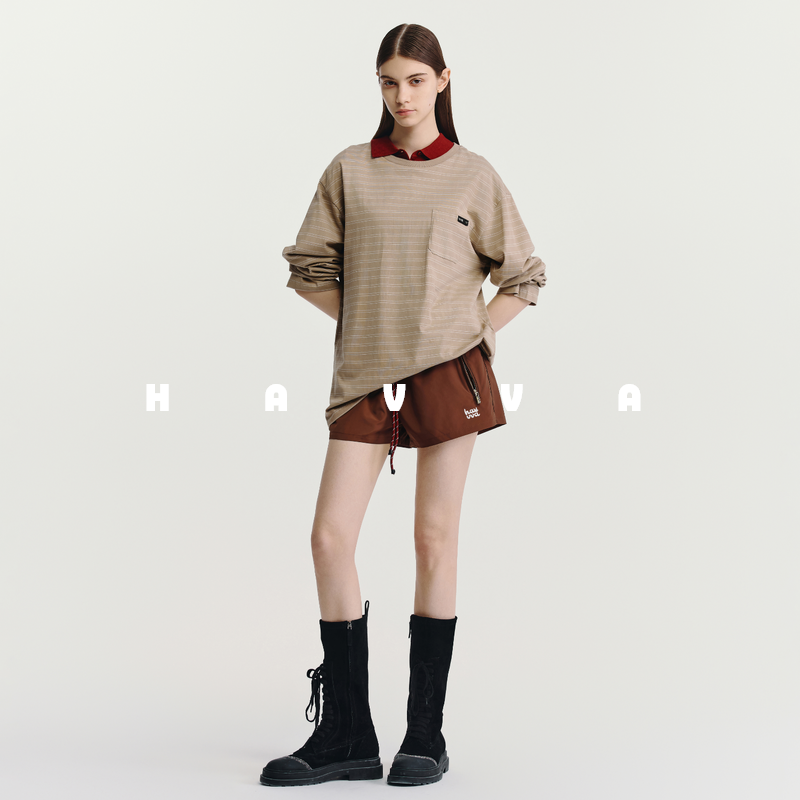 HAVVA慵懒感条纹长袖T恤双股长绒棉质感女士上衣2026春季T3-4329