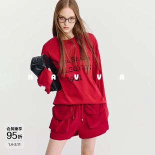HAVVA【红运好运新年系列】长袖T恤休闲女士上衣2026春季T3-3985
