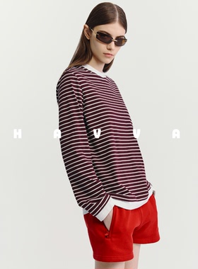 HAVVA松弛感撞色条纹长袖T恤弹力舒适柔软女士上衣2026春T3-4325