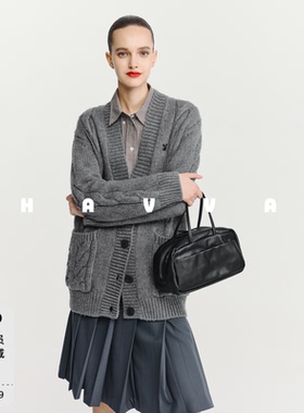 HAVVA宽松V领针织开衫中长款慵懒感女保暖毛衣外套2025冬L3-2741