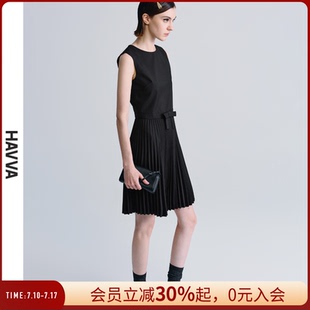 HAVVA黑色百褶連衣裙女士無袖 2055 顯瘦通勤設計感短裙子2025夏Q3