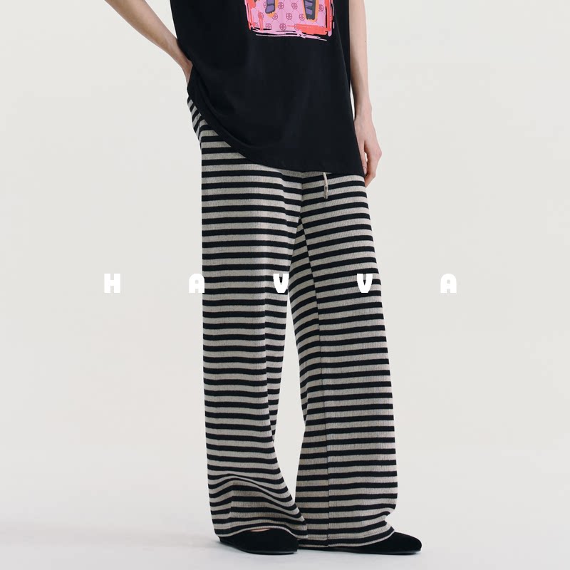 HAVVA松紧腰条纹直筒休闲裤舒适慵懒感女士裤子2026春季KX3-5664 - havva旗舰店出品