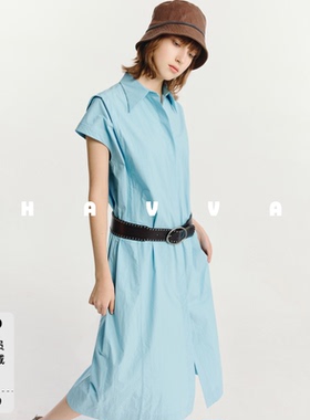 HAVVA微皱纸感盖肩袖衬衫裙暗门襟系带长款连衣裙2026夏季Q3-7309