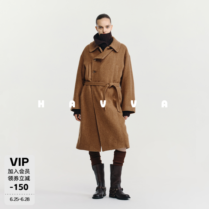 HAVVA经典版型中长款保暖呢子外套带腰带女士大衣2025冬季N3-4121