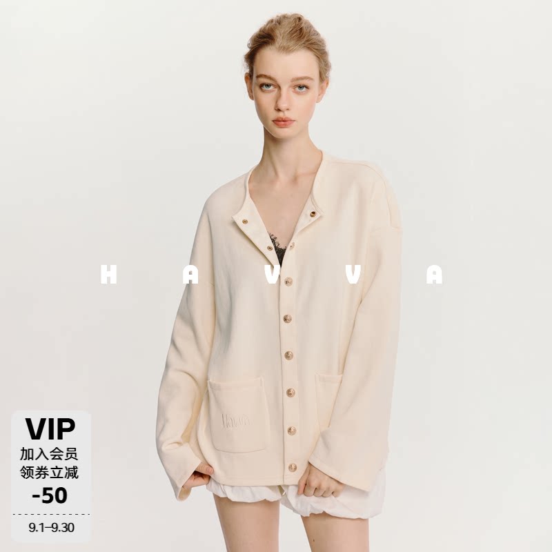 HAVVA学院风单排金属扣多口袋刺绣宽松卫衣开衫外套2026秋W74970