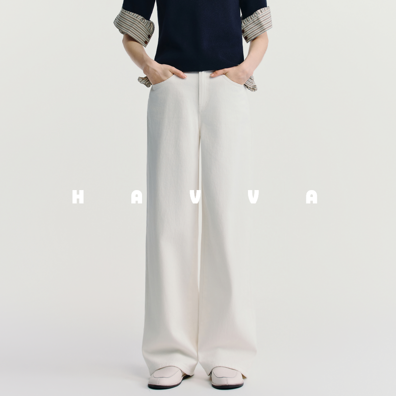 HAVVA好穿搭直筒牛仔裤女舒适加绒加厚阔腿裤装2025秋冬KH3-3854