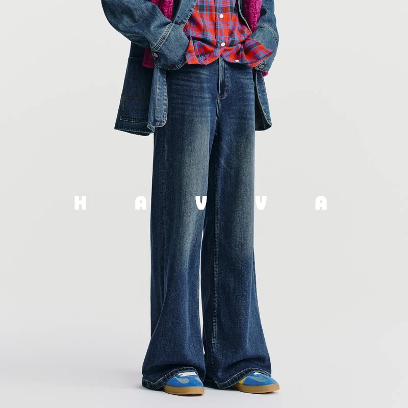 HAVVA水洗猫须加绒加厚宽松阔腿裤女士牛仔裤2025年冬季KH3-5185 - havva旗舰店出品