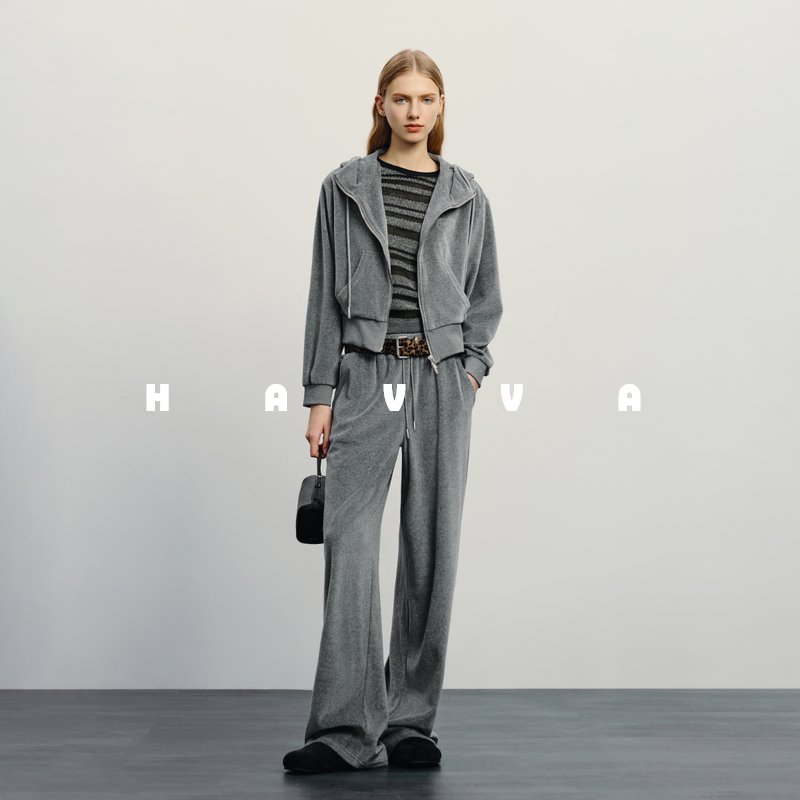 HAVVA高级感连帽卫衣阔腿直筒卫裤套装女士两件套2026春季Z3-3352