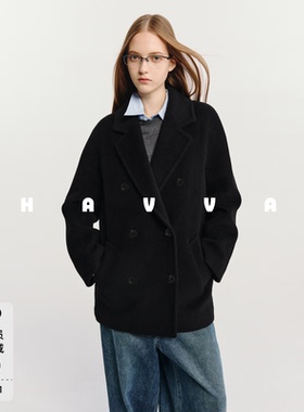 HAVVA双排扣中短款宽松毛呢大衣西装领女士外套2025冬季N3-2575