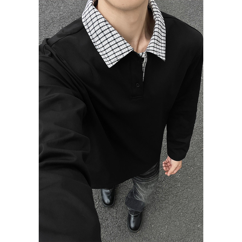 格纹翻领POLO衫男春秋季2026新款宽松长袖T恤复古拼接休闲打底衫