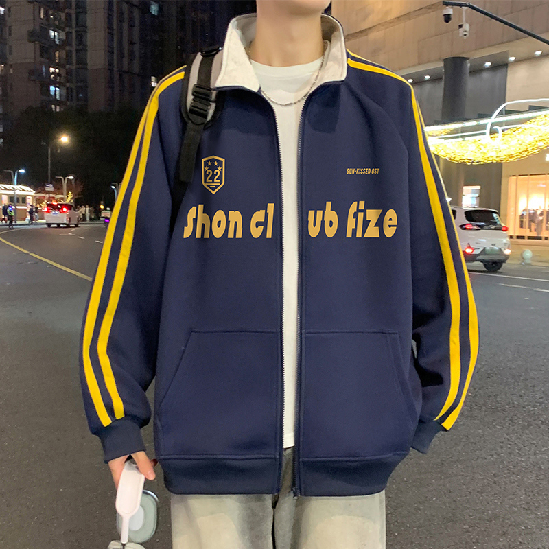 开衫卫衣男春秋季2025新款拼接宽松大码上衣美式休闲翻领潮牌外套