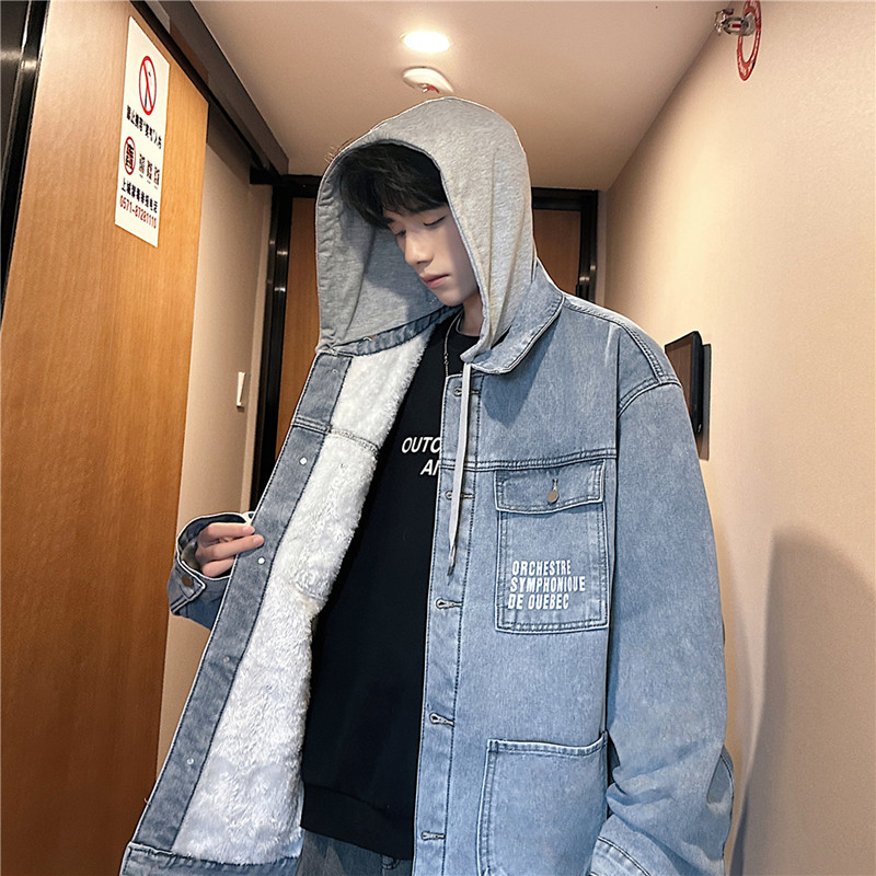 牛仔风棉服男秋冬季2026新款大码加绒羊羔毛连帽外套休闲美式上衣