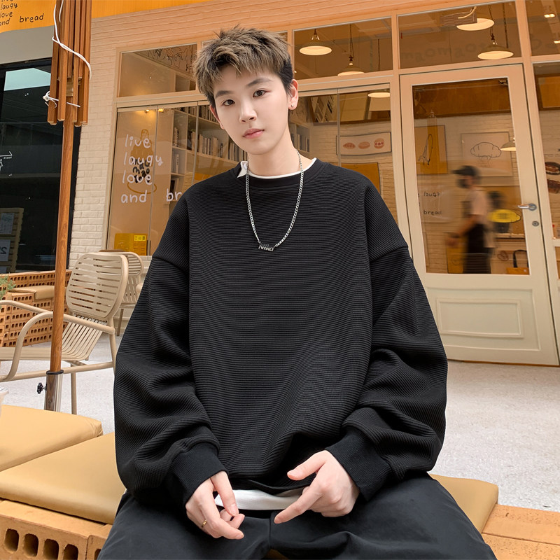 圆领卫衣男秋冬季新款大码假两件套头上衣港风男装休闲美式外套潮