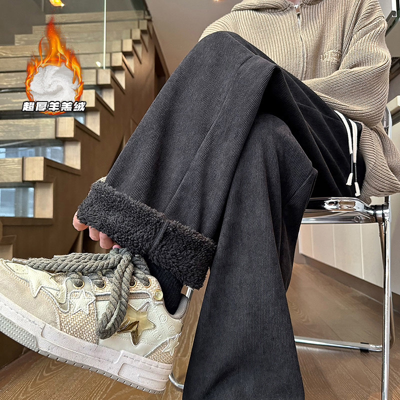 裤子男秋冬季2026新款加绒加厚阔腿长裤美式大码休闲潮牌直筒裤子