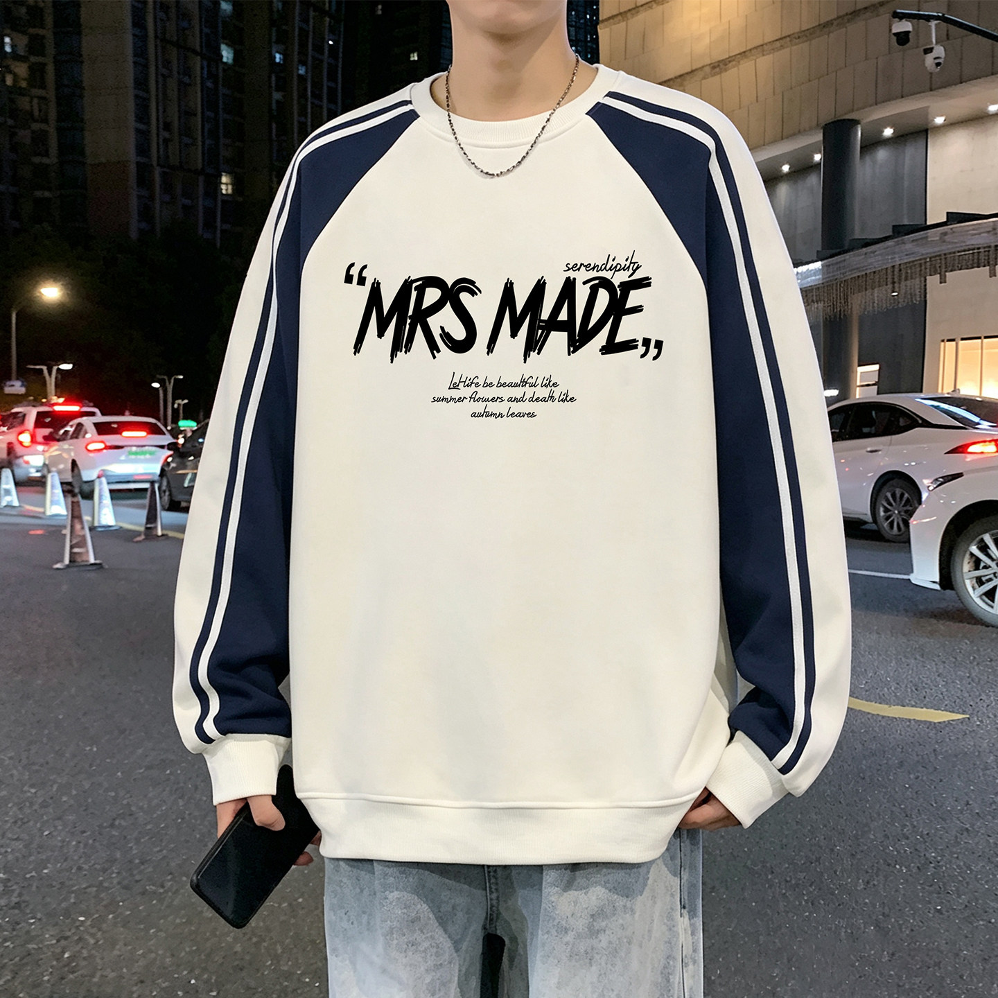 重磅复古拼色圆领卫衣男春秋季高街休闲打底衫新款青少年大码上衣