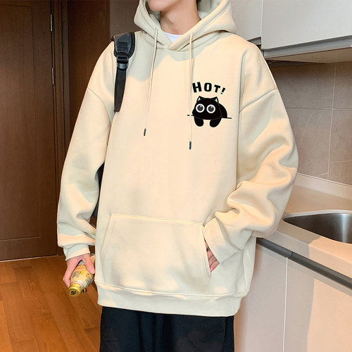 卫衣男秋冬季2025新款卡通猫咪印花宽松帽衫港风连帽高街美式外套
