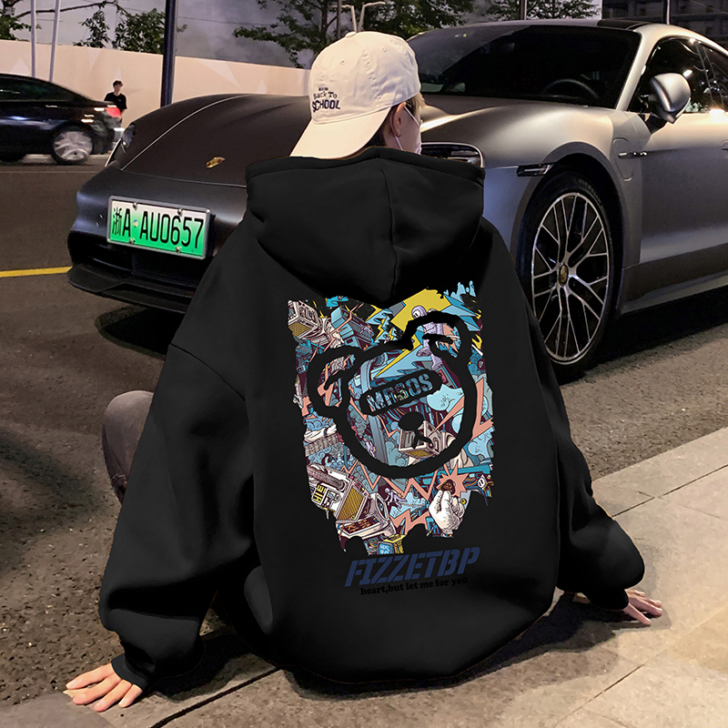 潮流设计感印花宽松连帽套头卫衣