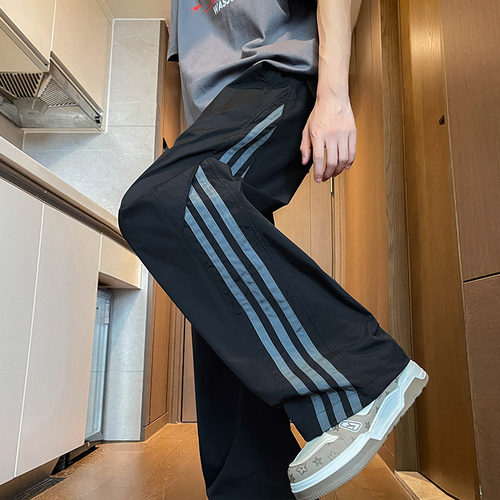 休闲裤男秋冬2025新款宽松直筒工装美式运动条纹拖地松弛感长裤子