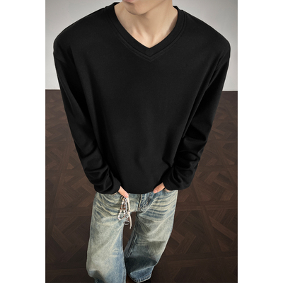 德绒打底衫男秋冬季2025新款宽松休闲纯色上衣美式大码潮牌针织衫