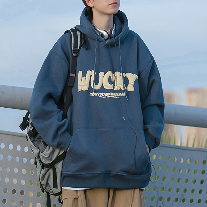 立体发泡印花连帽卫衣男休闲宽松秋冬季新款潮流套头帽衫上衣外套