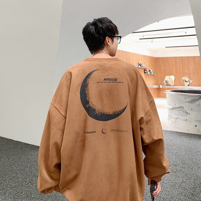 麂皮绒高级感ins潮牌卫衣男春秋季港风无帽宽松套头圆领外套长袖