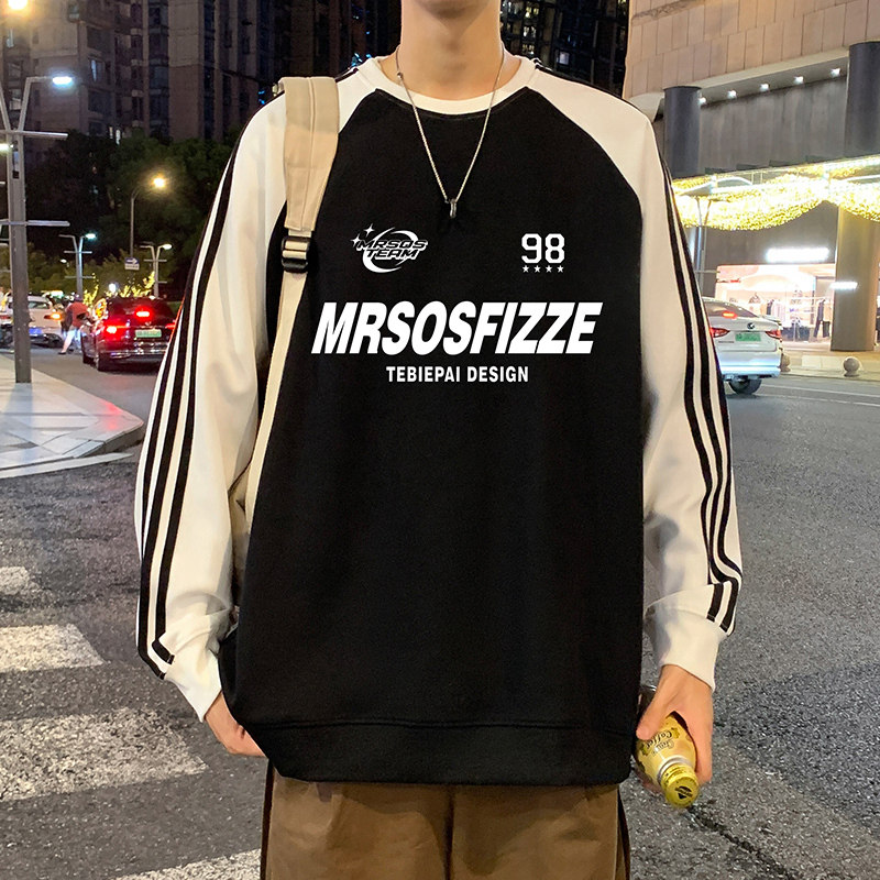 美式字母条纹圆领卫衣男春秋季2026新款长袖宽松高街无帽上衣外套