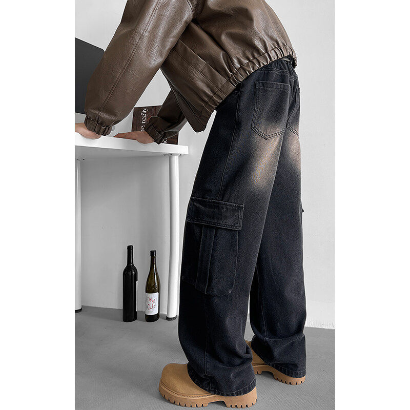 宽松水洗美式工装牛仔裤男秋冬季新款高街休闲大码拖地口袋长裤子