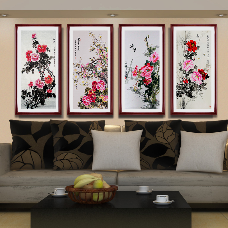 中式古典装饰画客厅茶楼壁画有框画玄关餐厅挂画牡丹花开富贵墙画