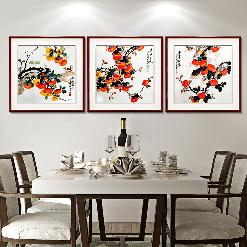 事事如意装饰画新中式客厅沙发背景墙面挂画餐厅饭厅壁画柿子画图片