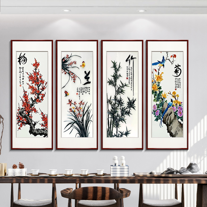 新款梅兰竹菊苏绣挂画新中式客厅沙发背景墙装饰画餐厅中国风壁画