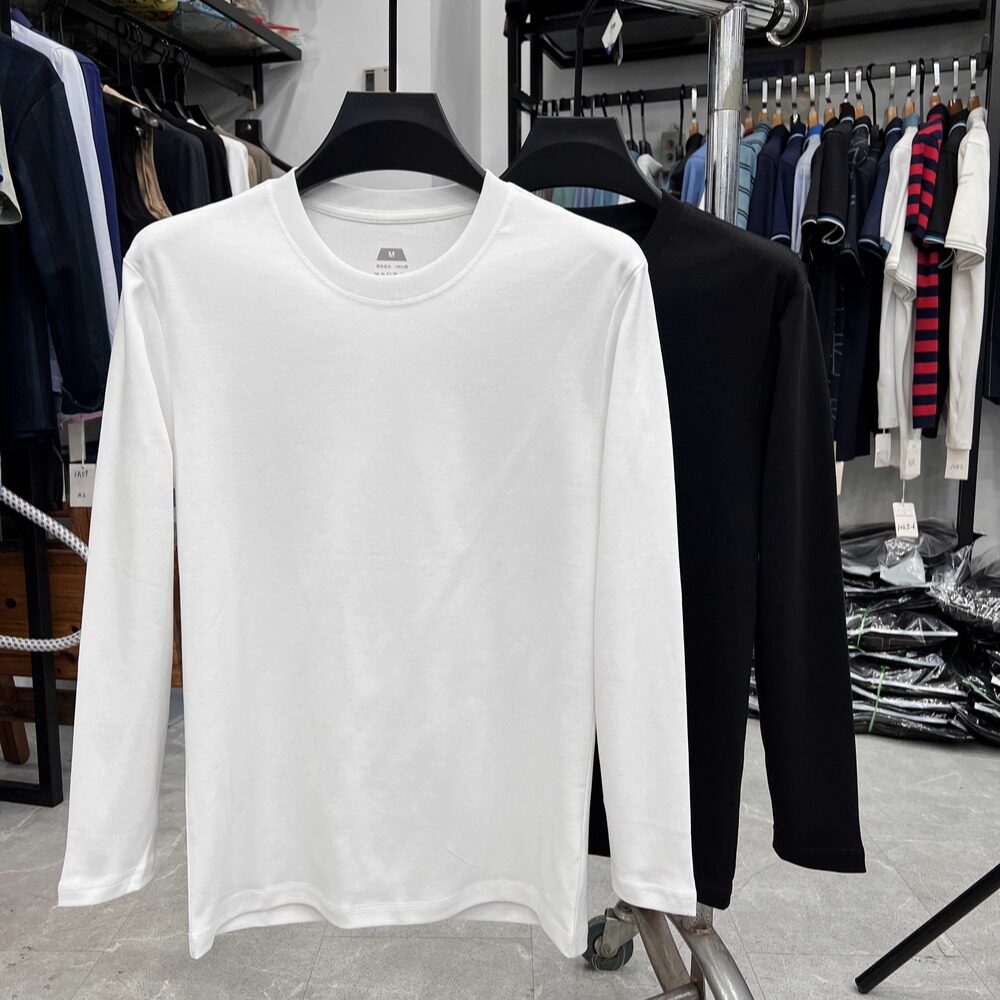 防油污科技面料全棉圆领长袖T恤衫纯色青年套头打底衫挺括男上衣