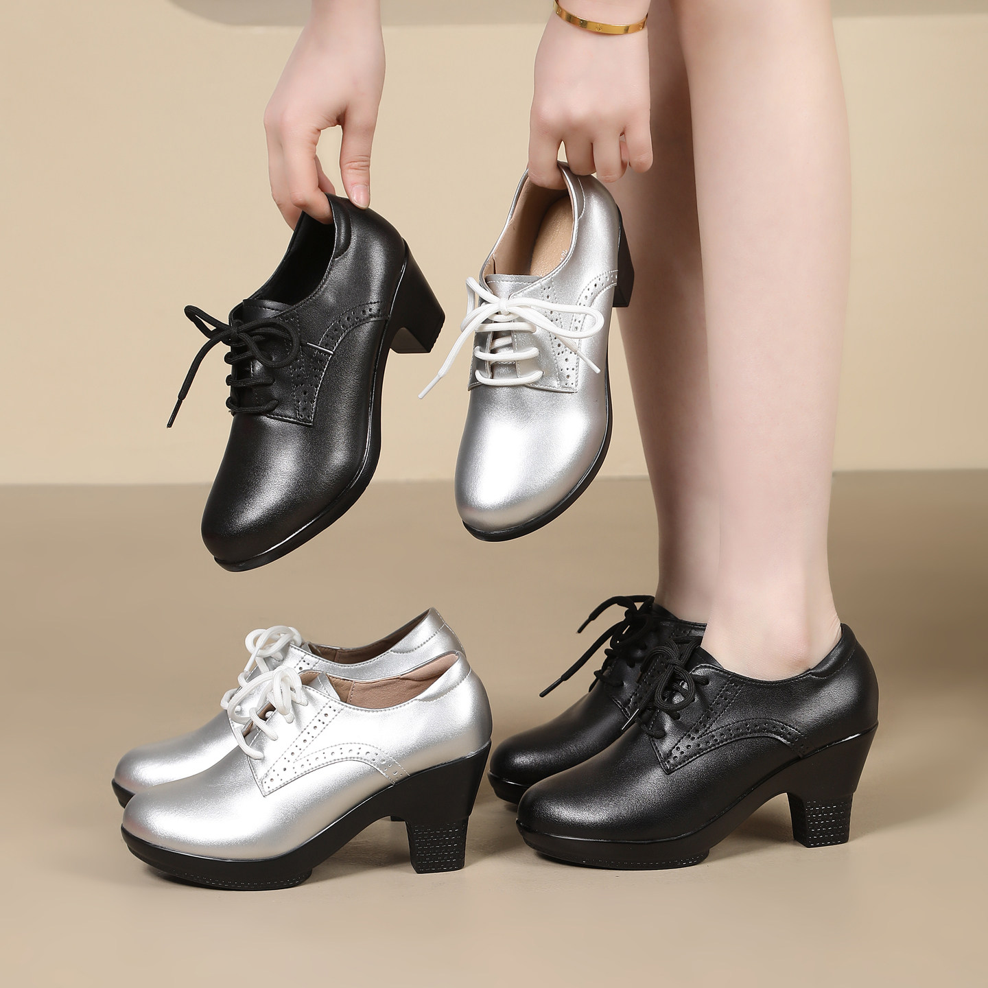 舞蹈鞋银色女士室外广场舞拉丁舞摩登舞交谊舞鞋厚底防水台耐磨底