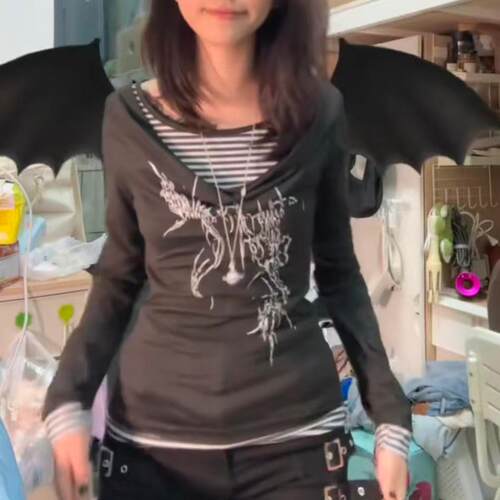 牛奶丝美式辣妹假两件长袖T恤