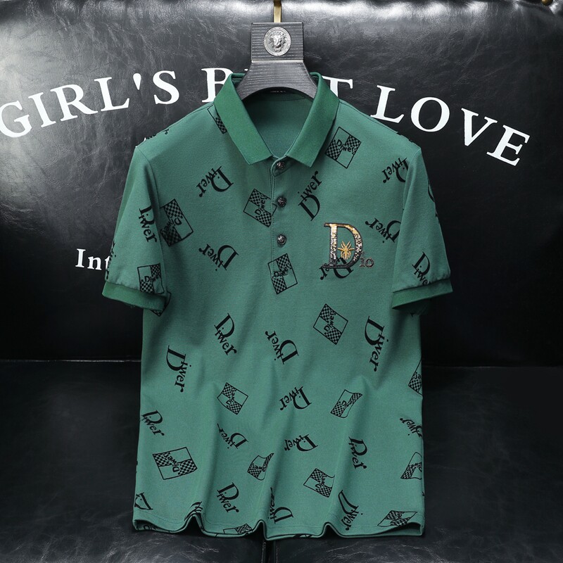 D3323328P80沙发绿色2023春夏丝光棉翻领短袖POLO衫刺绣潮,男装Polo衫,电商D332