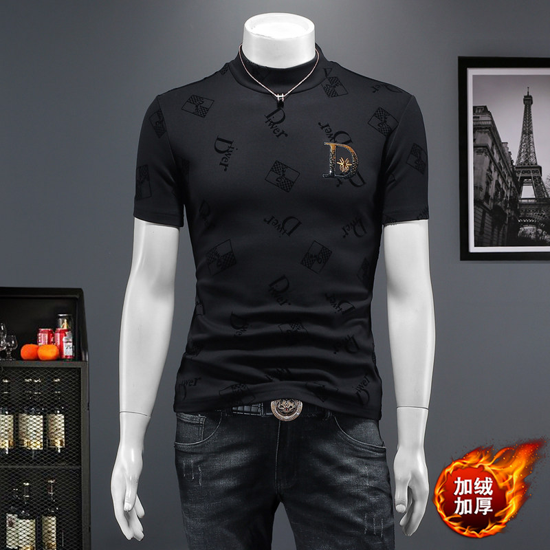 D33236931P80假模黑色2024秋冬纯棉中领短袖打底衫加绒加厚，男装T恤，电商D332