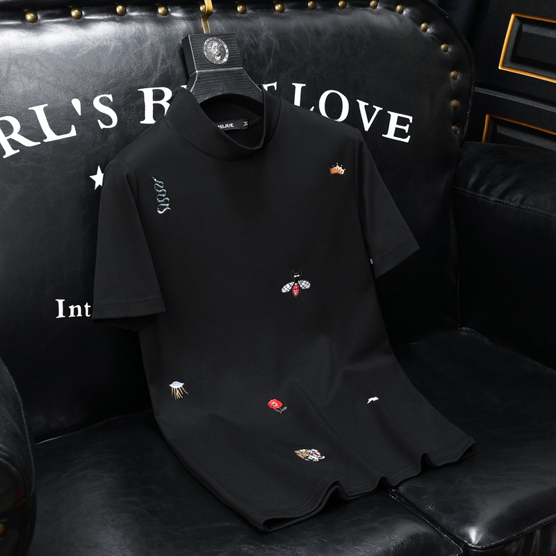 D33236923P80沙发黑色2024秋冬纯棉中领短袖打底衫加绒加厚，男装T恤，电商D332