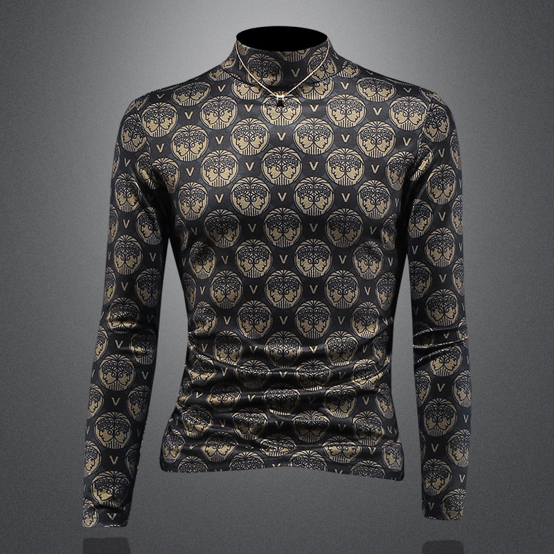 D33287451P100镂空黑色2024秋冬天丝棉中领长袖打底衫加厚潮，男装T恤，电商D332