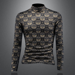 D332 87451 P100 镂空黑色 2024秋冬天丝棉中领长袖打底衫 加厚潮,男装T恤,电商D332