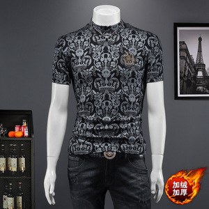 D332 36929 P80 假模黑色 2024秋冬纯棉中领短袖打底衫 加绒加厚,男装T恤,电商D332