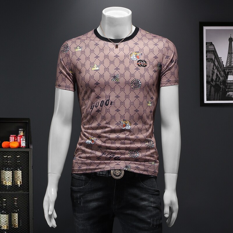 D3328511P70假模杏色2023春夏丝光圆领短袖T恤印花男潮，男装T恤，电商D332