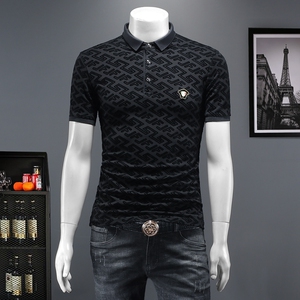 D332 2415 P75 假模黑色 2024春夏丝光棉翻领短袖POLO衫 刺绣潮,男装Polo衫,电商D332