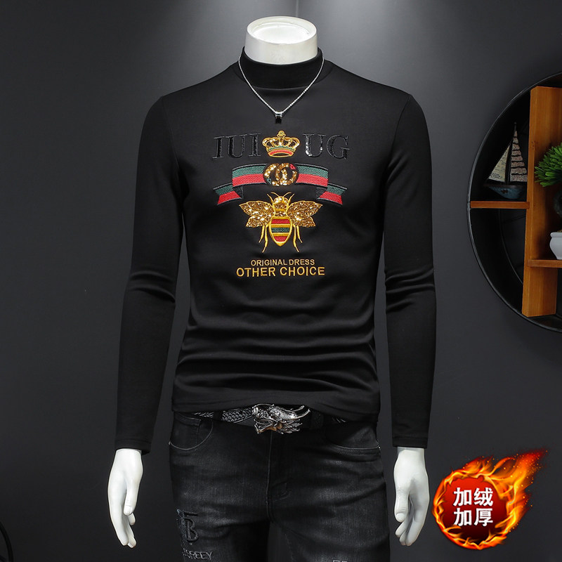 D33227424P100假模黑色2023秋冬纯棉中领长袖打底衫加绒加厚，男装T恤，电商D332