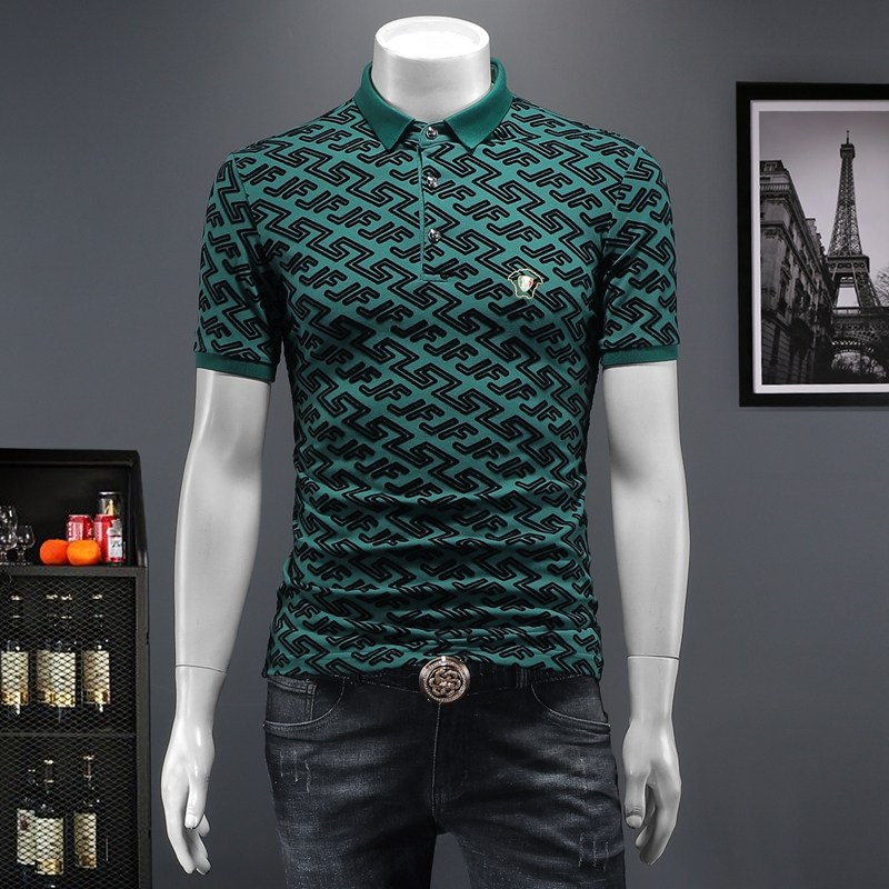 D3322415P75假模绿色2024春夏丝光棉翻领短袖POLO衫刺绣潮，男装Polo衫，电商D332