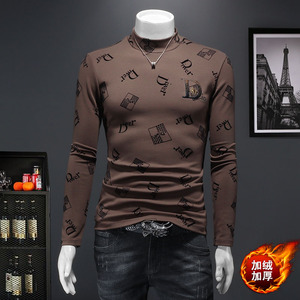 D332 2814 P100 假模咖啡 2025秋冬纯棉中领长袖打底衫 加绒加厚，男装T恤，电商D332