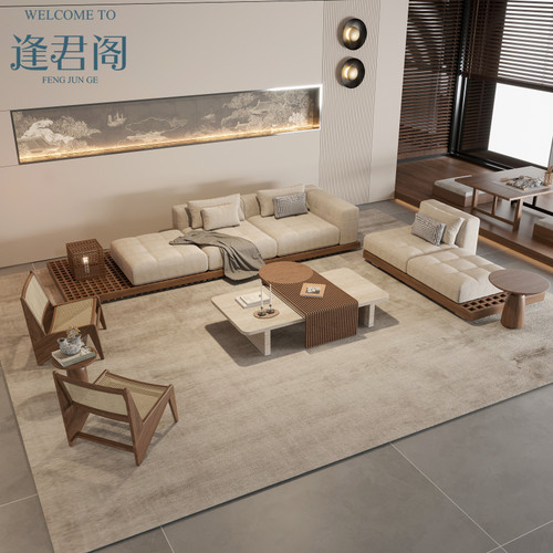 侘寂风沙发宋氏美学直排地台沙发样板房胡桃木色休闲转角沙发定制