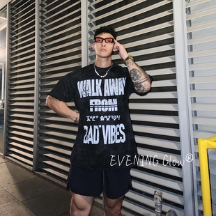 百搭宽松短袖 复古潮牌炒色做旧字母上衣夏季 T恤 GLOW美式 EVENING