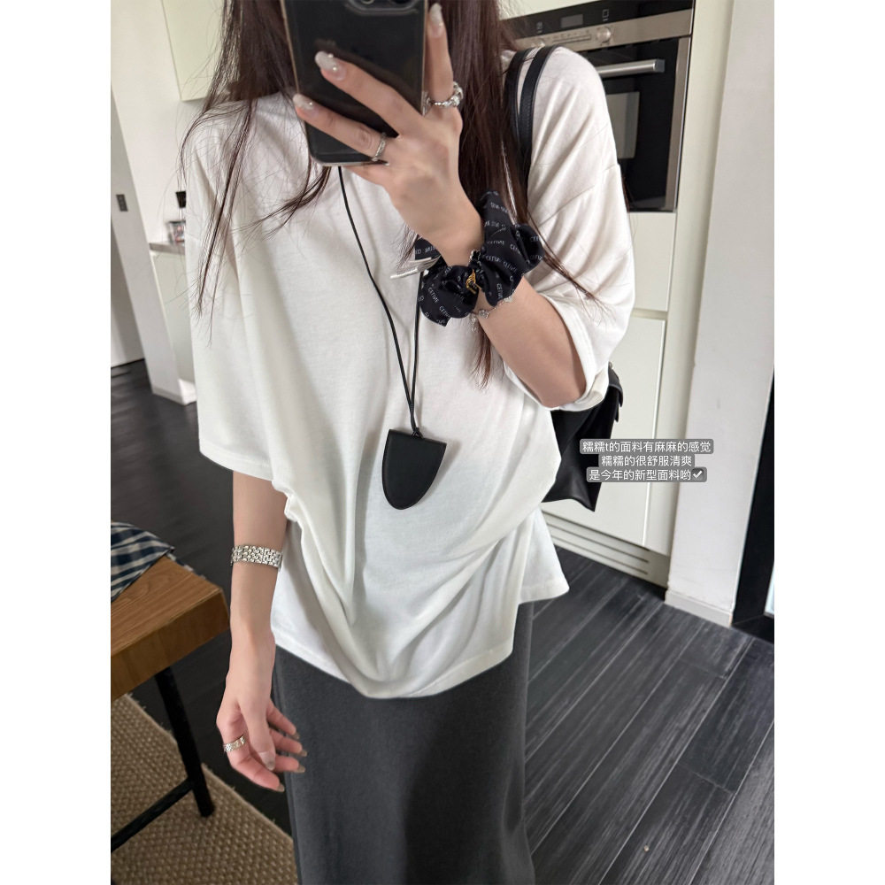 superniniyy 糯糯奶昔&纯色慵懒宽松圆领中袖短袖大T恤衫上衣女夏