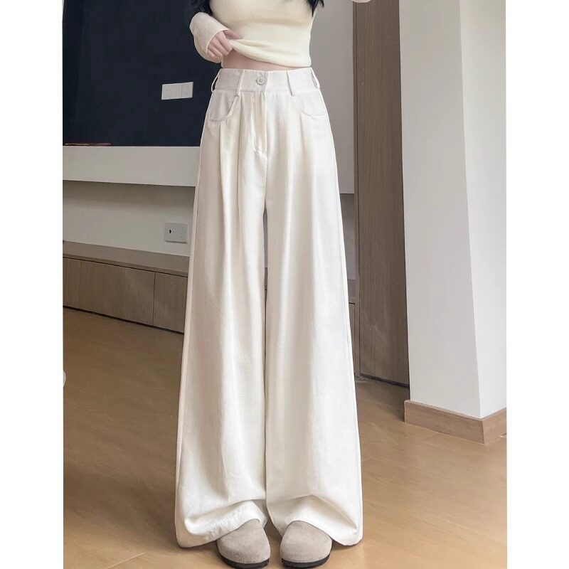 白色奶芙西装裤女夏季薄2026新款小个子高腰宽松显瘦感阔腿裤大码