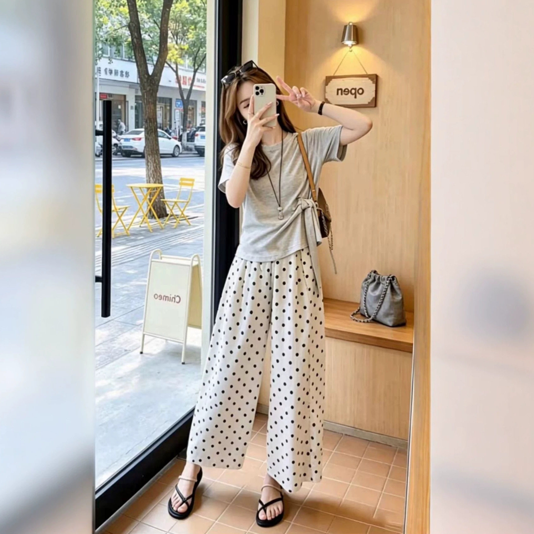 星亿巨好看ootd穿搭一整套2026新款灰色短袖t恤女夏季阔脚裤两件