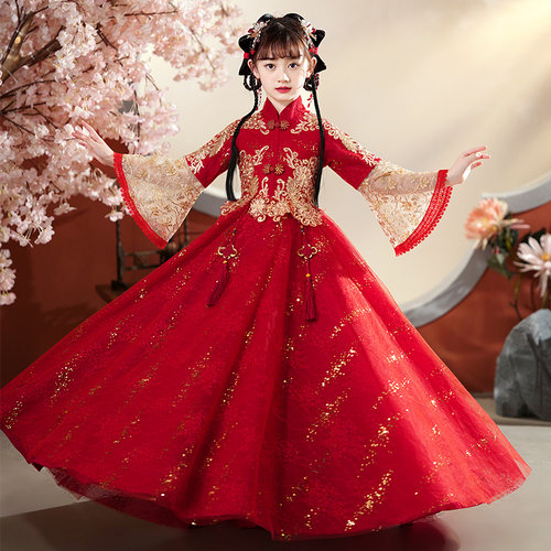 爱贝佳新款春秋季装女童红色汉服